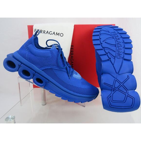 NIB FERRAGAMO BLUE NIMA KNIT MESH LACE LOGO LOW TOP SNEAKERS 10.5 43.5 ITALY - Picture 3 of 16